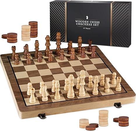 15-Inch Wooden Chess and Checkers Set with Extra Queens