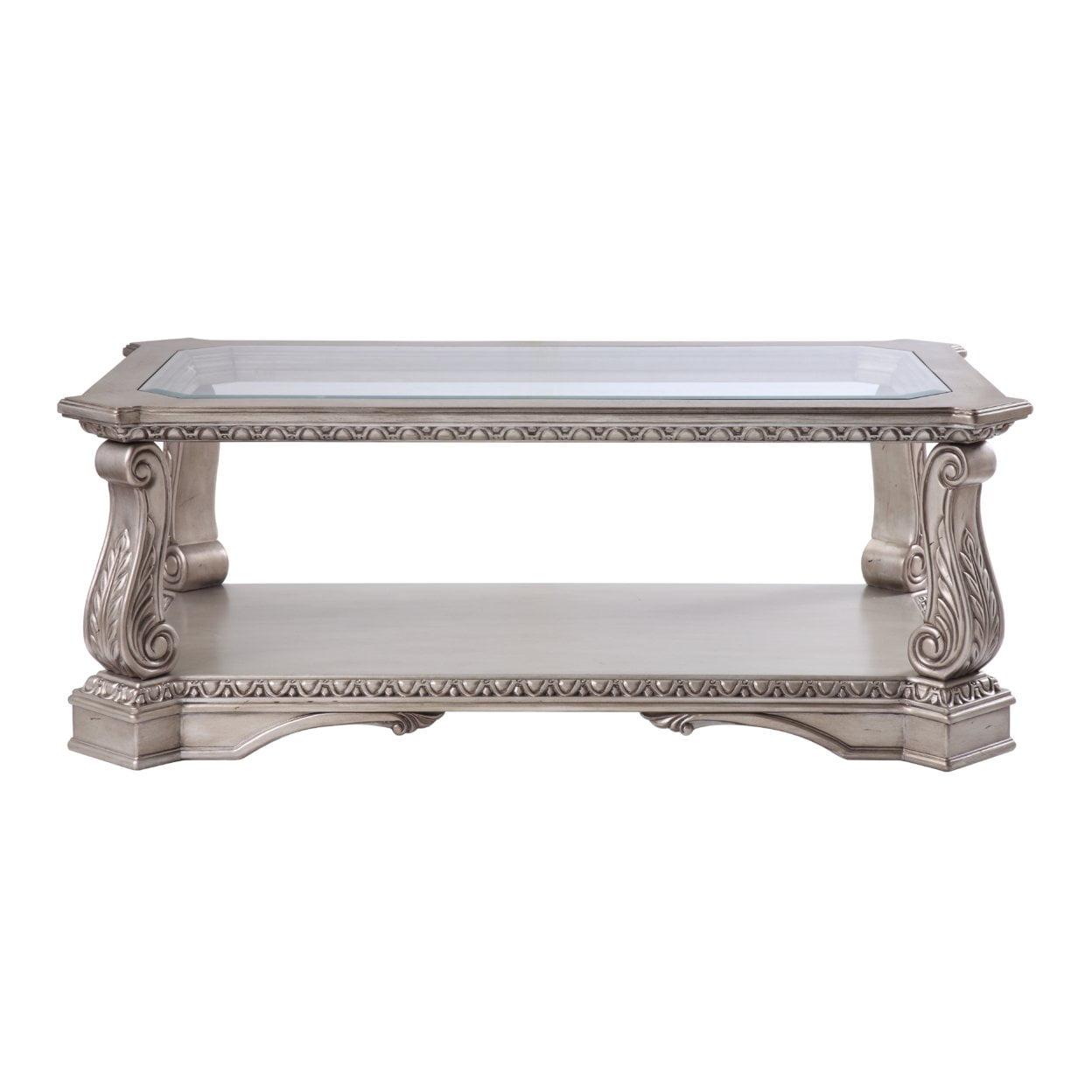 Silver Rectangular Wood and Glass Coffee Table with Storage