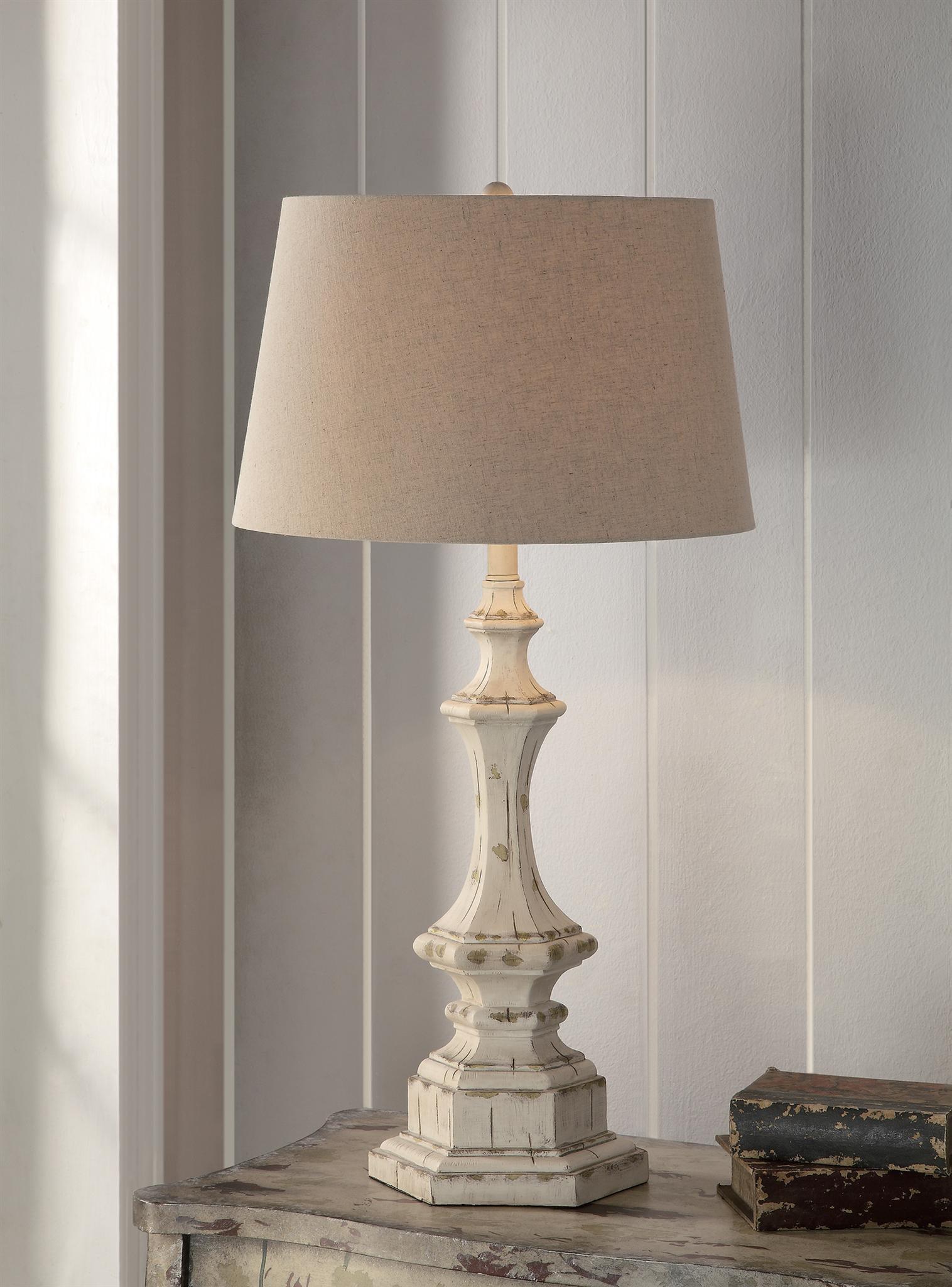 White Wash Natural Wooden Column 34-Inch Table Lamp with Linen Shade