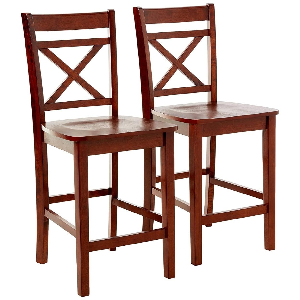 Set of 2 Cherry Brown Wooden Counter Height Chairs with Cross Back