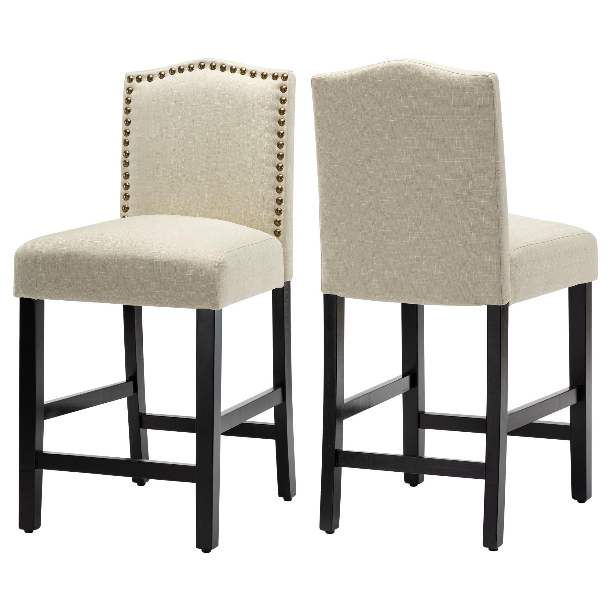 Counter Height Fabric Upholstered Dining Chair with Nailhead Trim, Beige - Set of 2