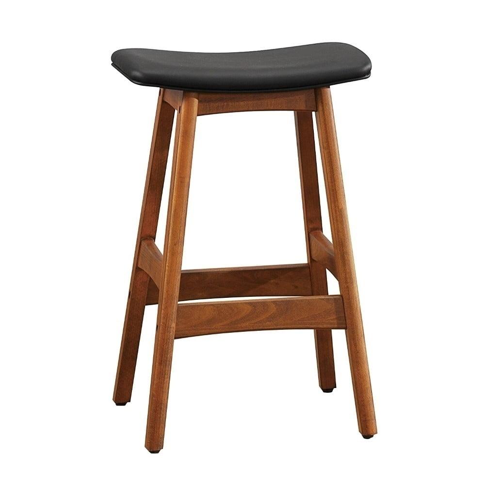 Solid Wood Walnut Finish Counter Height Stools Set Of 2 Matt Black Faux Leather Seat Mid-Century Modern Barstools Kitchen Dining Furniture