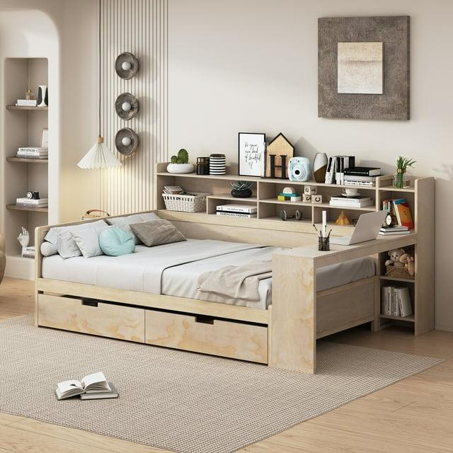 Wooden Daybed with Storage Shelves, Multi-functional Bed with Two Storage Drawers and Study Desk Natural - Full