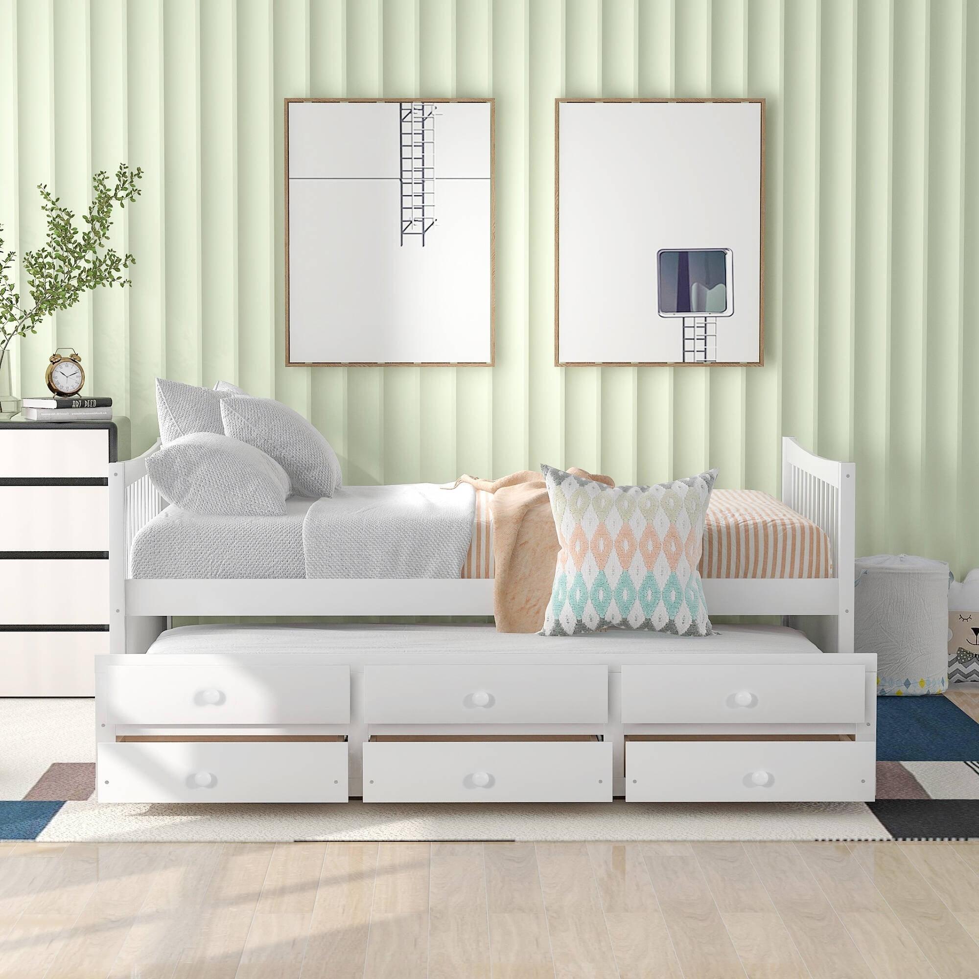 White Full Wooden Daybed with Trundle and Storage Drawers