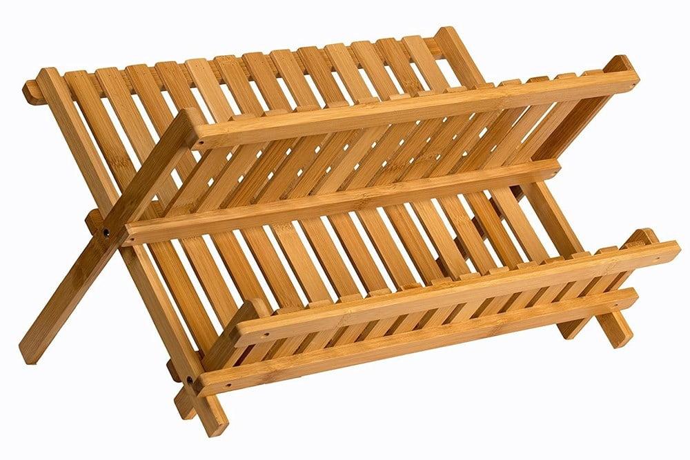 Bamboo Drying Rack - 2 Tier Wooden Dish Drainer  - Collapsible Compact Plate Rack for Kitchen - Homeitusa