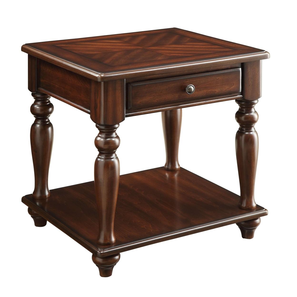 Walnut Brown Wooden End Table with Drawer and Shelf