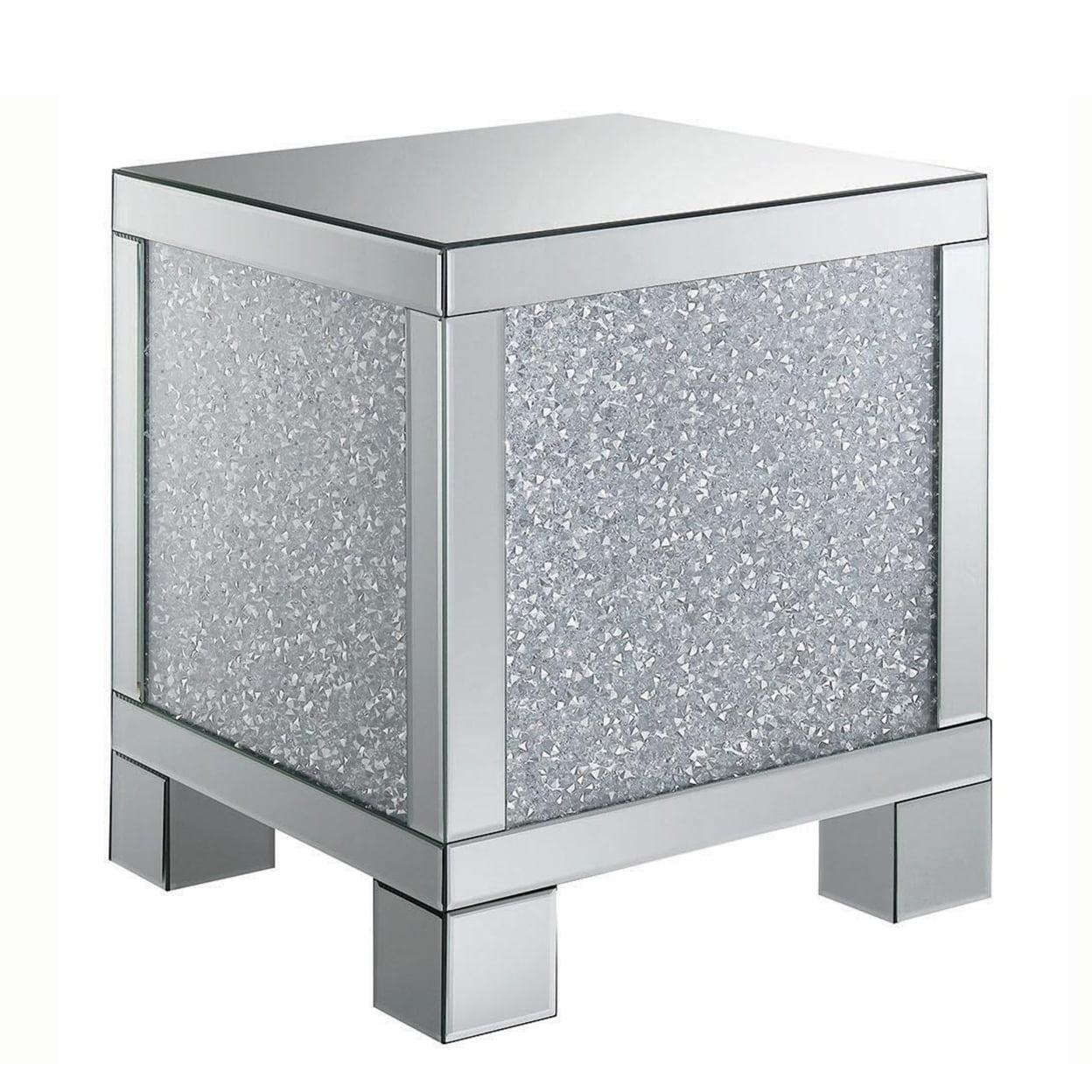 Silver Mirrored Square End Table with Crystals