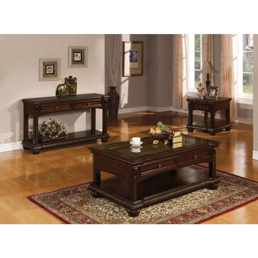 Cherry Brown Wooden End Table with Glass Top and Storage