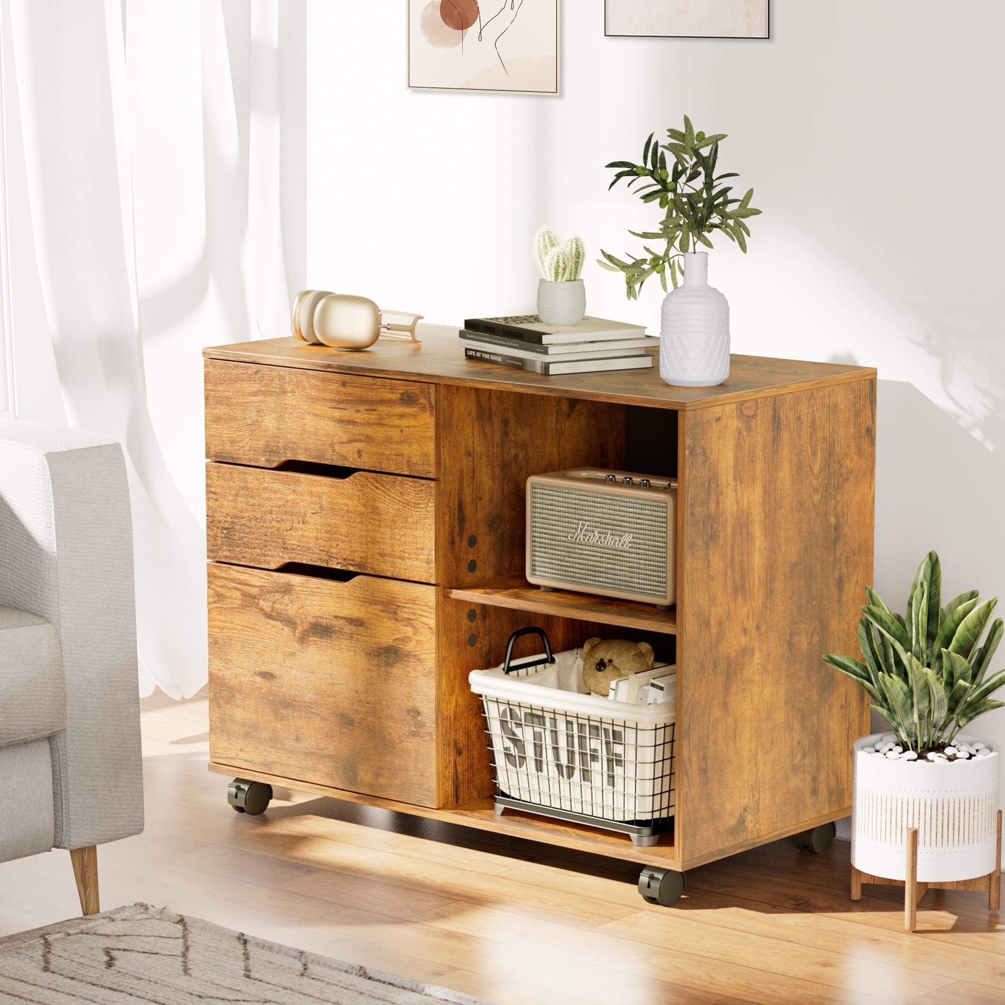 Rustic Brown 3-Drawer Mobile Wood File Cabinet with Open Storage