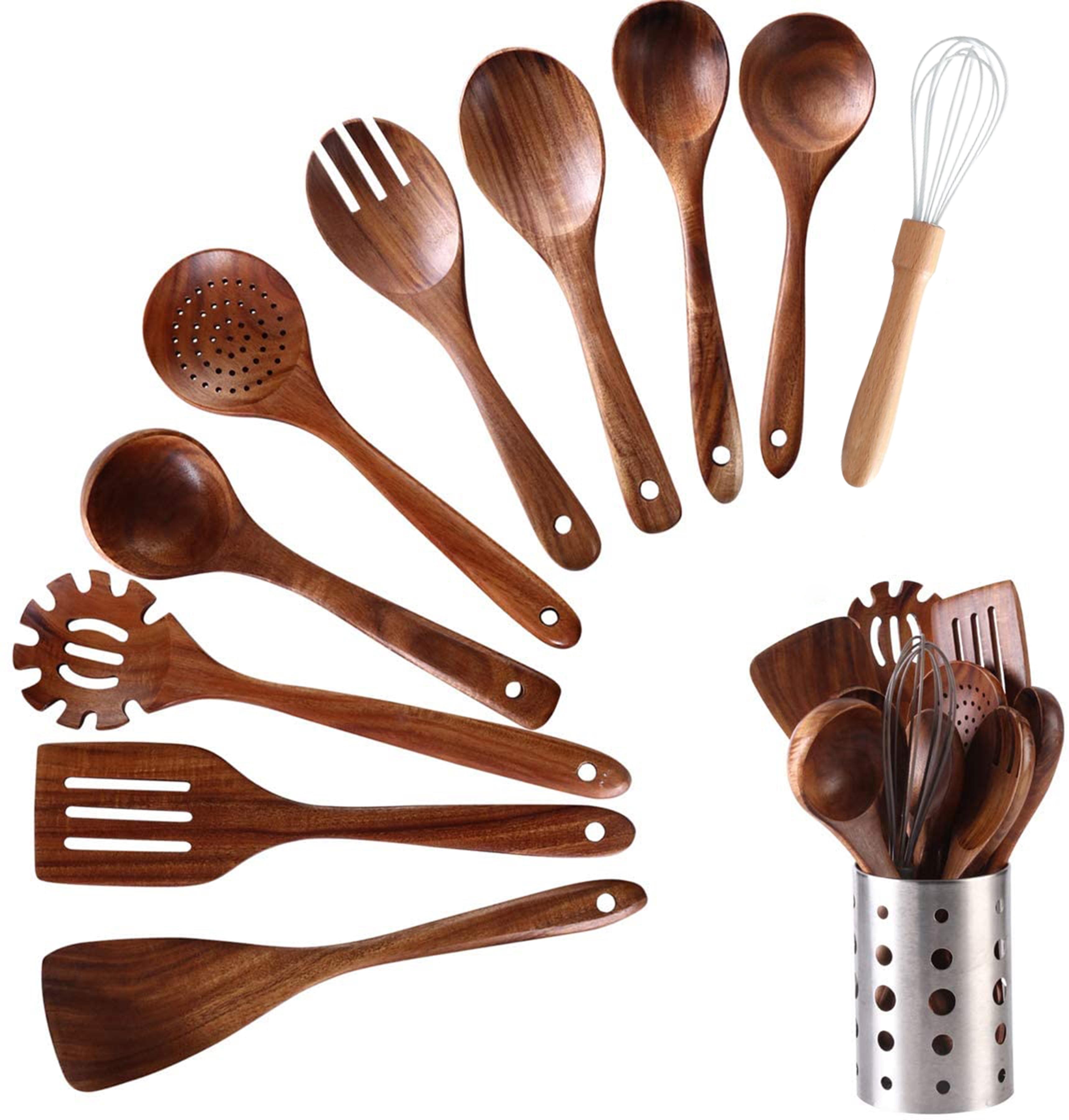 Wooden Kitchen Utensils set With Utensil Holder KOSMIKO 11 PCS Teak Wooden Cooking Spoons and Spatula for Cooking including Spoon Ladle Fork.