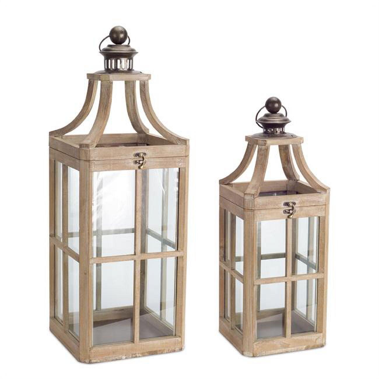 Contemporary Hanging Wood Candle Lantern, 23" Height, Brown and Copper