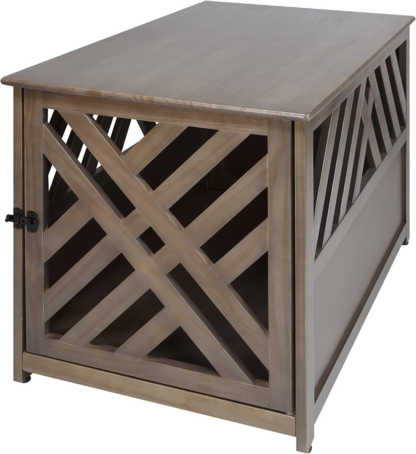 Taupe Gray Solid Wood Lattice Pet Crate End Table