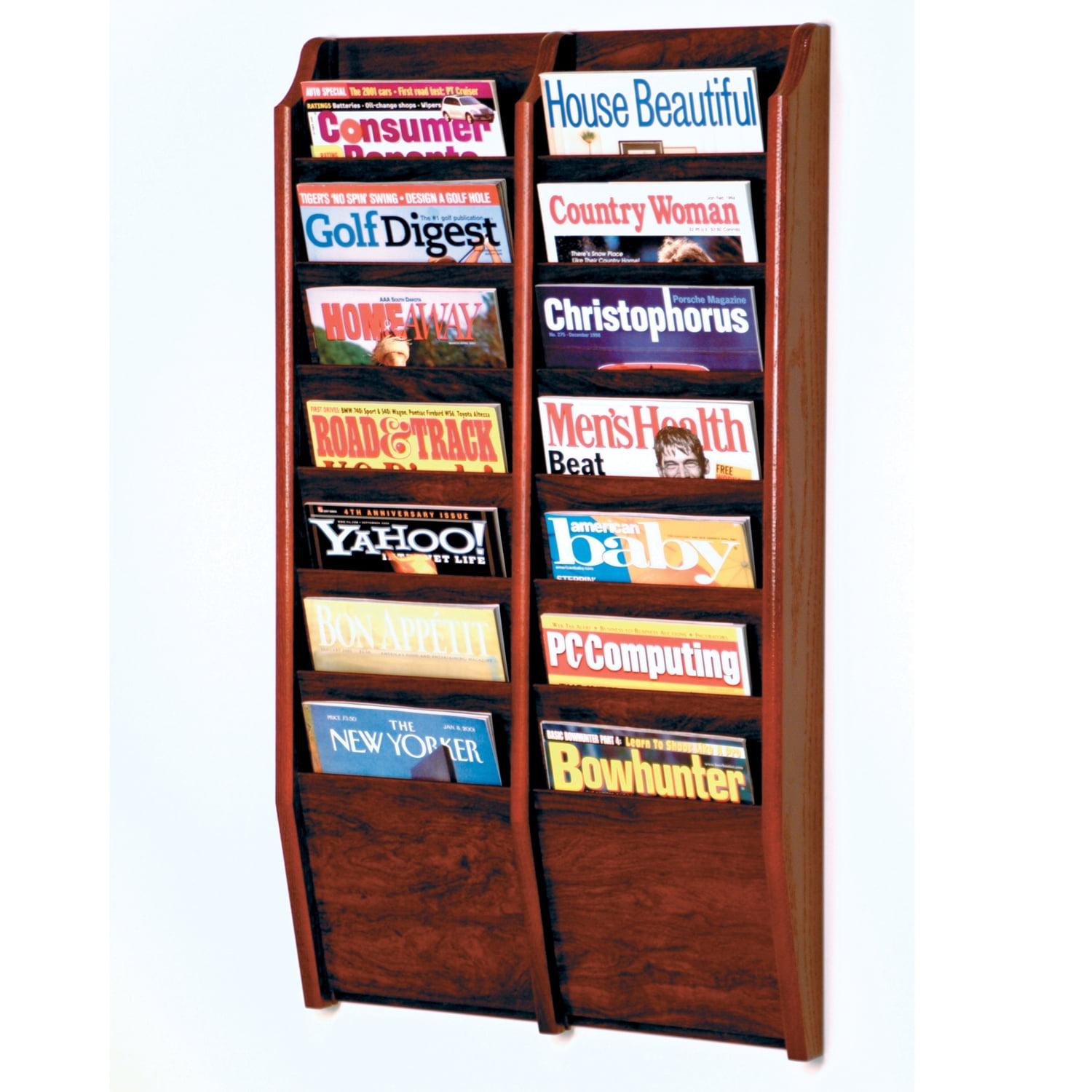 Wooden Mallet 14 Pocket wall Mount Magazine Rack in Mahogany