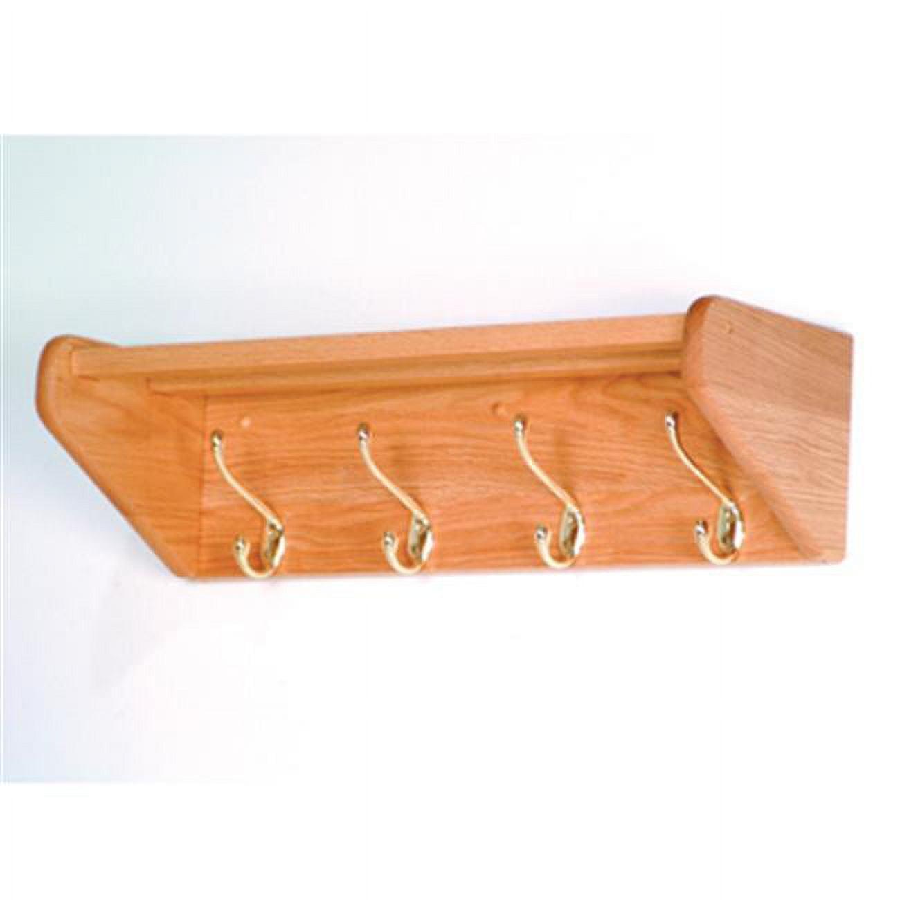 Light Oak Wall-Mounted Coat Rack with Brass Hooks and Shelf