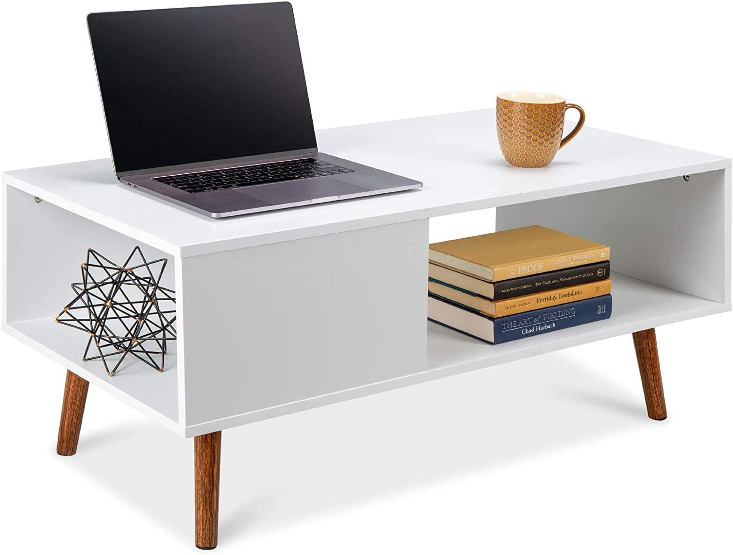 Mid-Century Modern Rectangular Coffee Table with Open Shelf - White/Brown