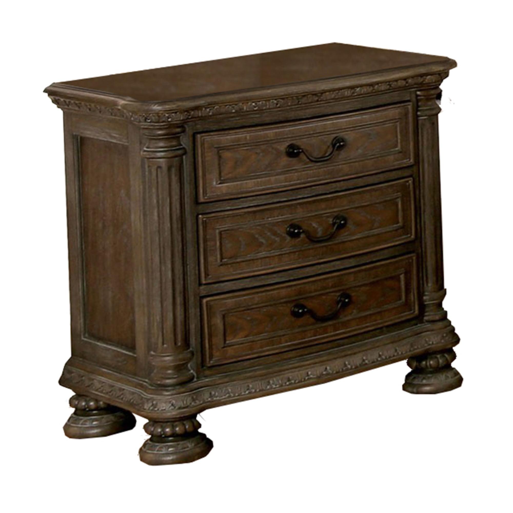 Wooden Nightstand with 3 Drawers and Intricate Carving Details, Brown - Saltoro Sherpi