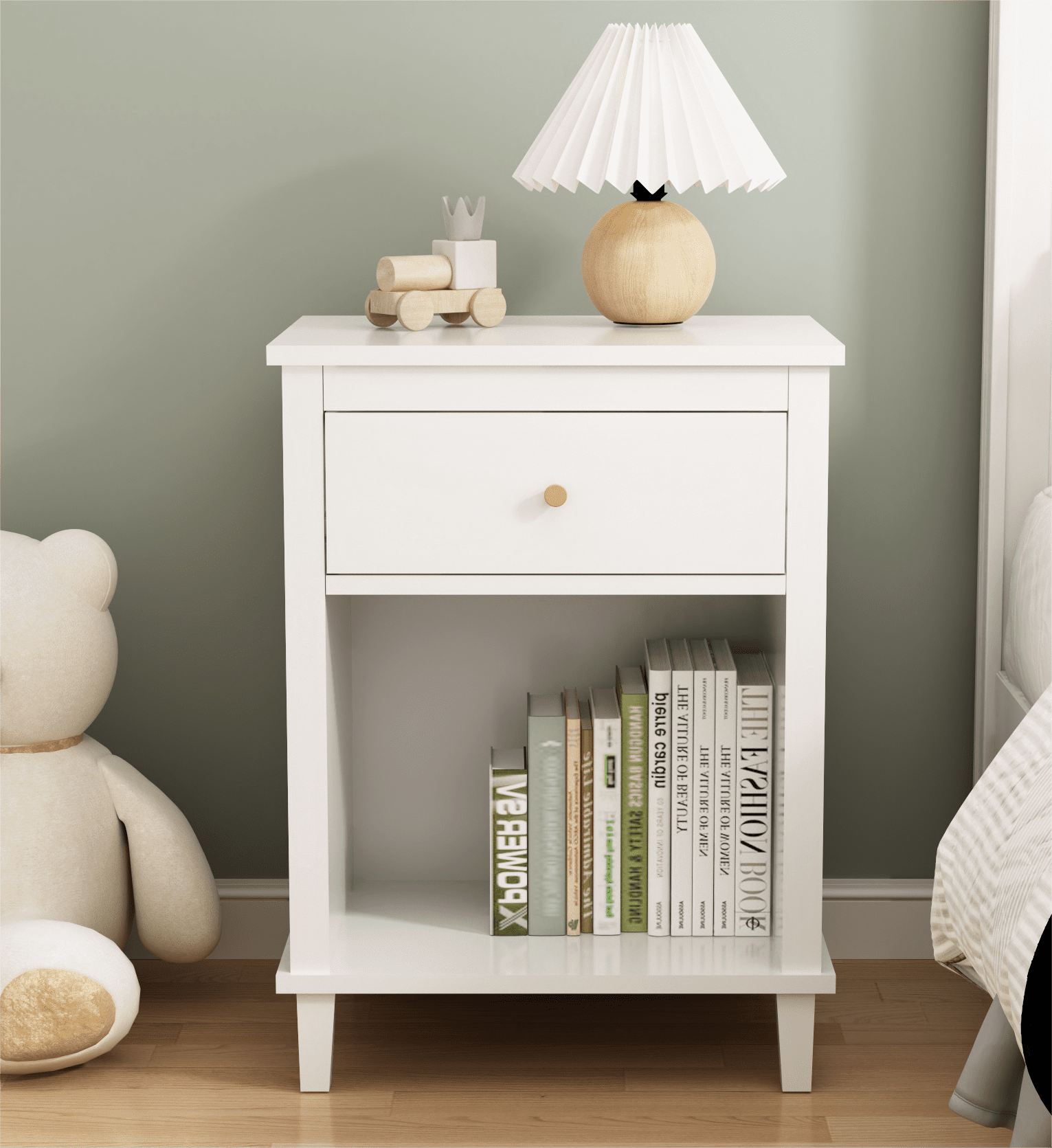 Wooden Nightstand with One Drawer One Shelf,Modern Bedside Tables for Kids,Adults,White