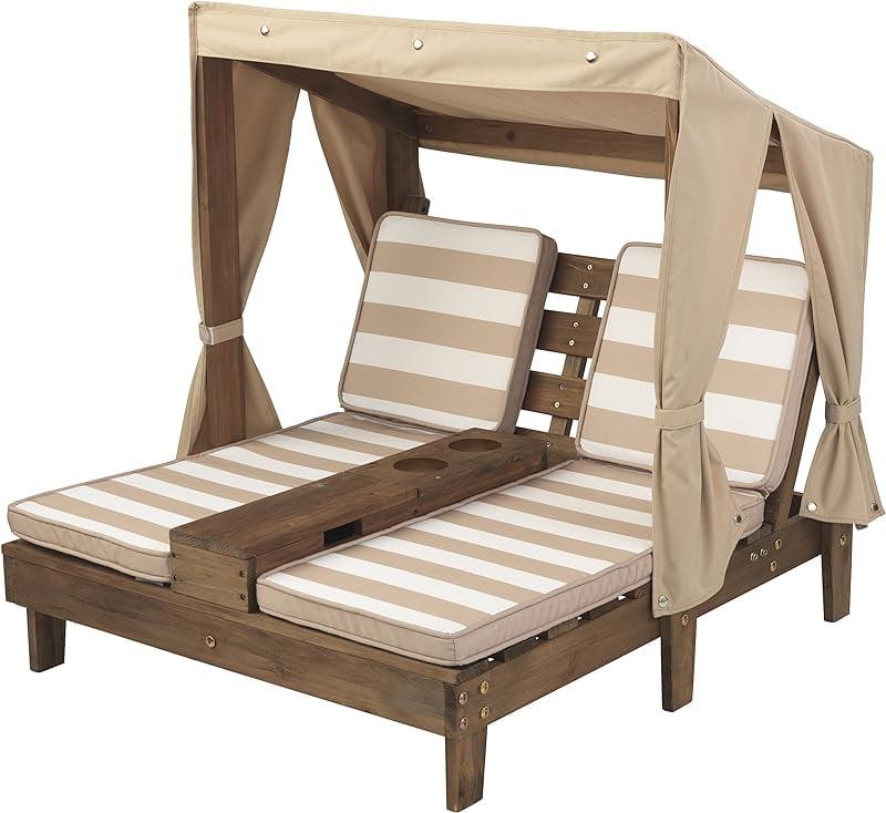 Espresso Cedar Kid-Sized Outdoor Double Chaise Lounger with Canopy