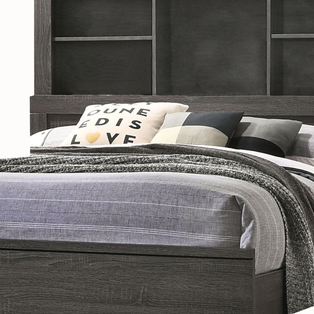 Sophisticated Gray Microfiber Queen Bed with Bookcase Headboard