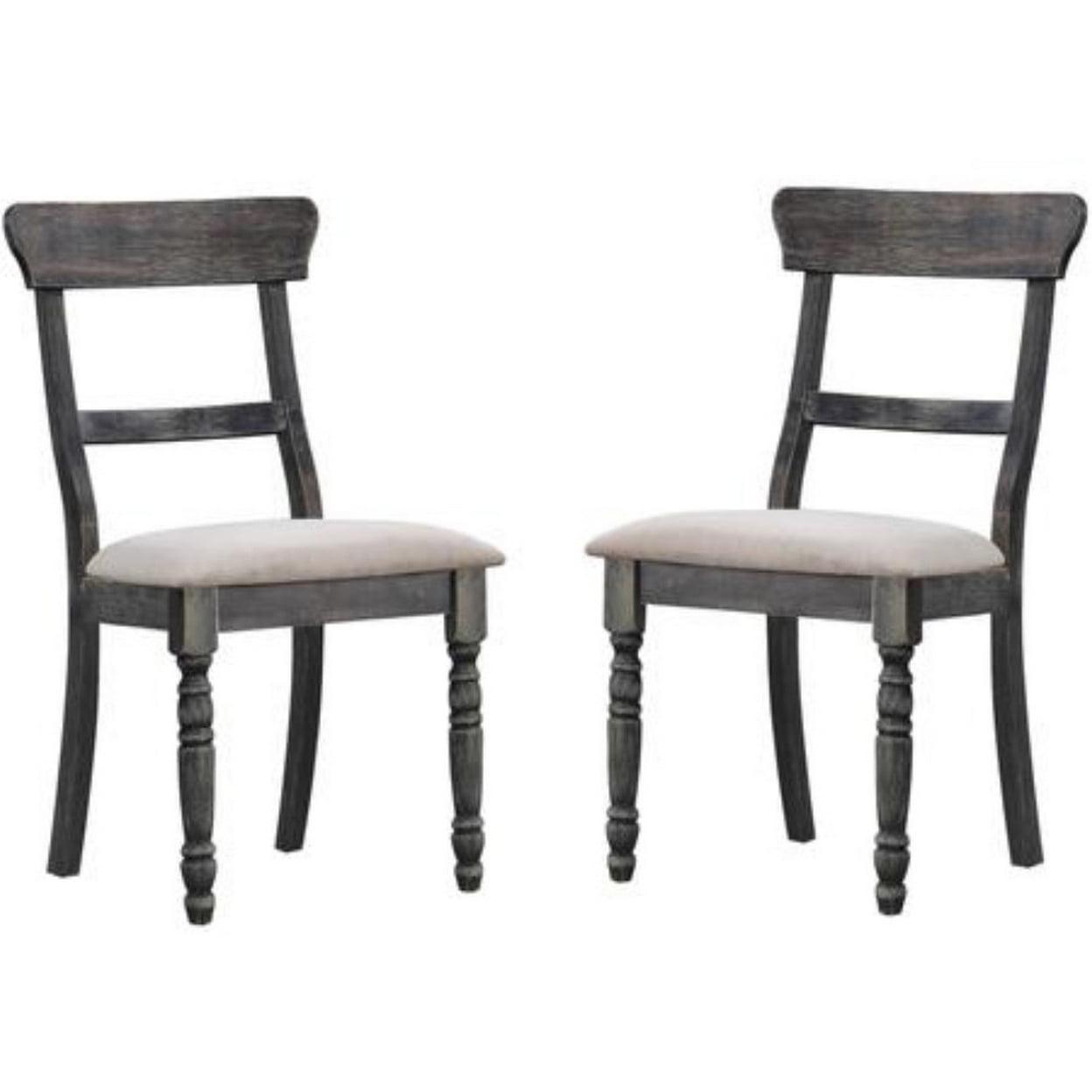 Weathered Gray Wood & Light Brown Linen Upholstered Side Chair Set