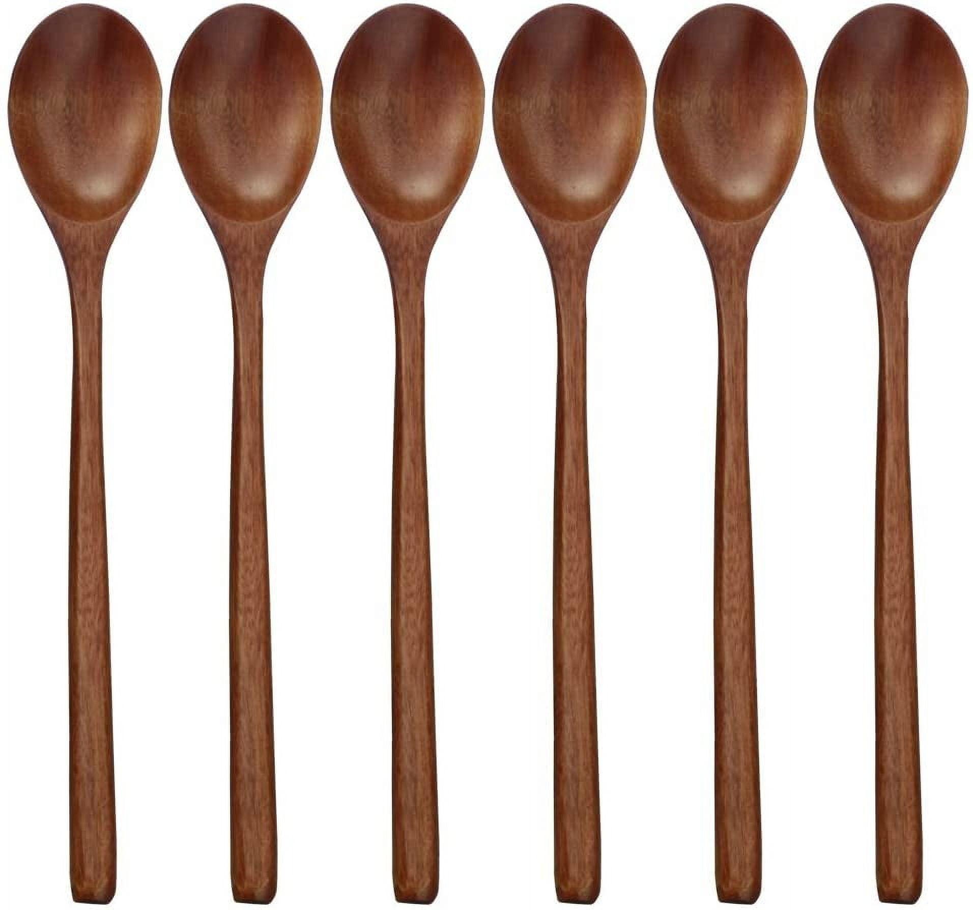 QIFEI 6Pcs Wooden Spoons, 9 inch Wood Soup Spoons for Eating Mixing Stirring, Long Handle Spoon with Japanese Style Kitchen Utensil, Eco Friendly Table Spoon