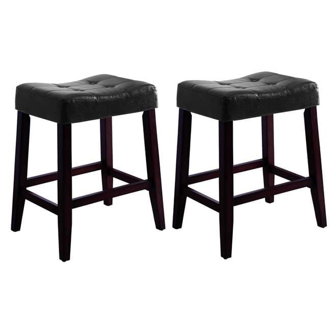 Wooden Stools with Saddle Seat & Button Tufts, Black & Brown - Set of 2
