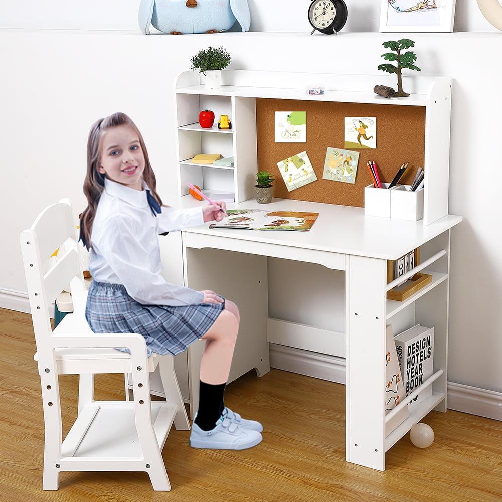 Children's White Study Desk & Chair Set with Bookshelf, Bulletin Board, and Storage Cabinets - Perfect for Ages 3-8