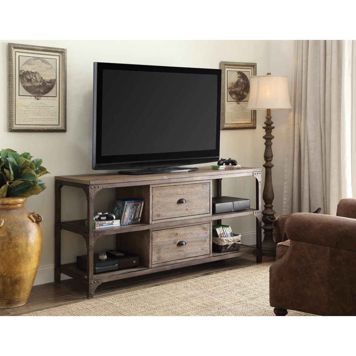 Weathered Oak and Bronze Rustic Media Console with Cabinet