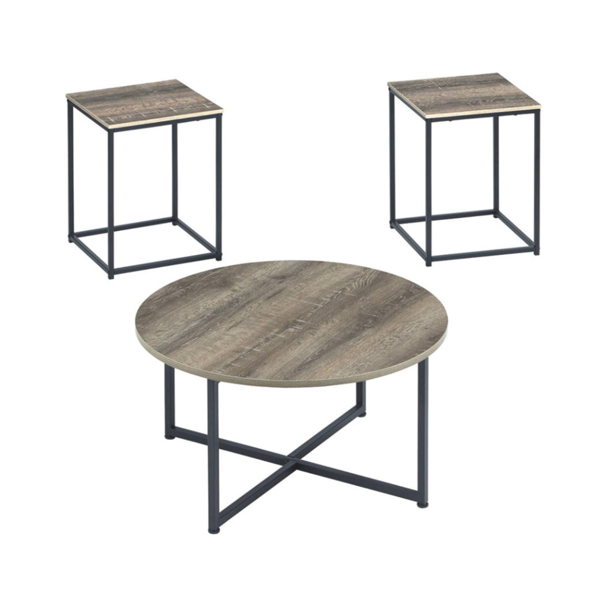 Wooden Table Set with Sturdy Metal Base, Set of Three, Gray and Brown