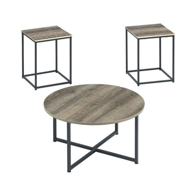 Wooden Table Set with Sturdy Metal Base, Set of Three, Gray and Brown