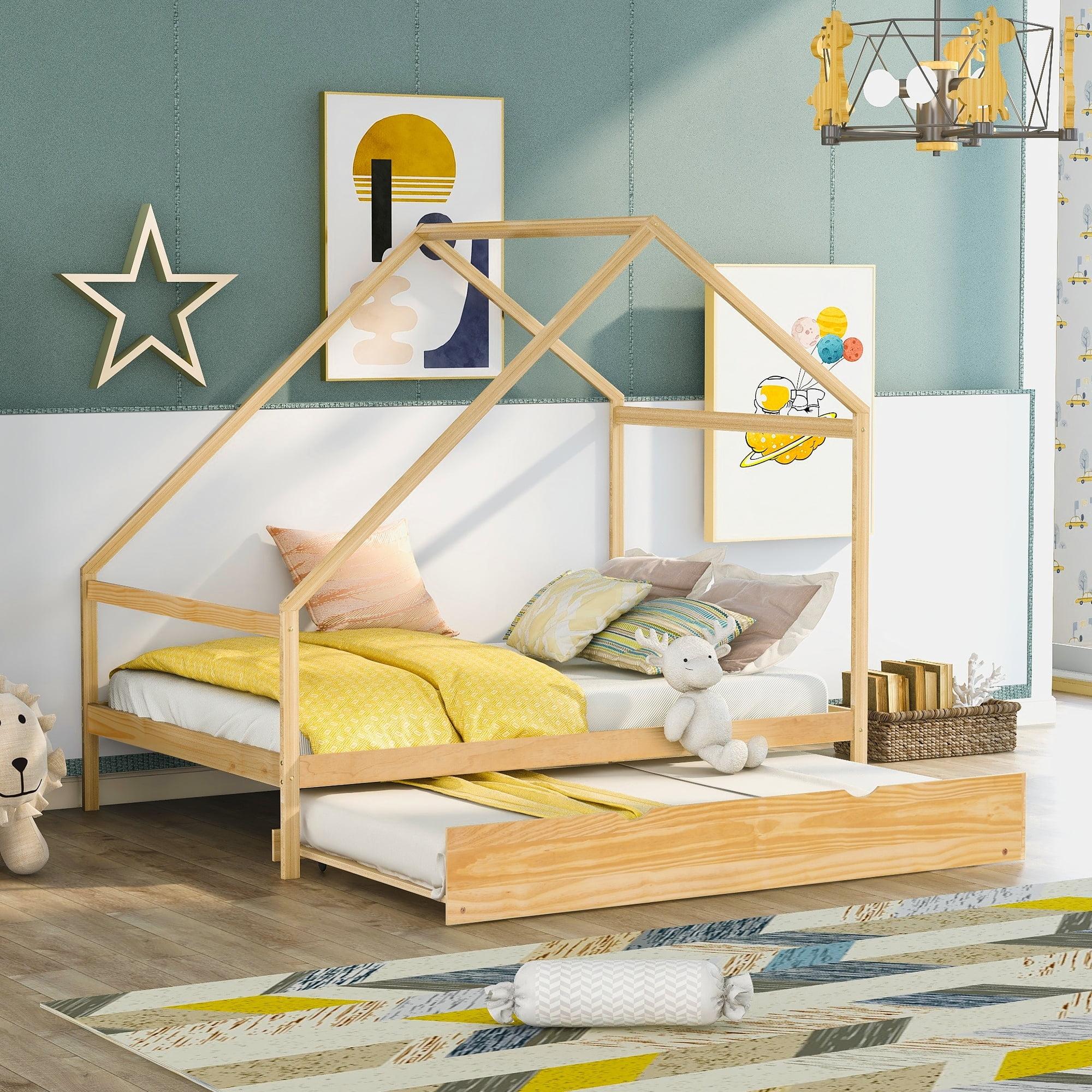 Wooden Trundle Bed With Storage Natural 78.70"×56.10"×73.00"