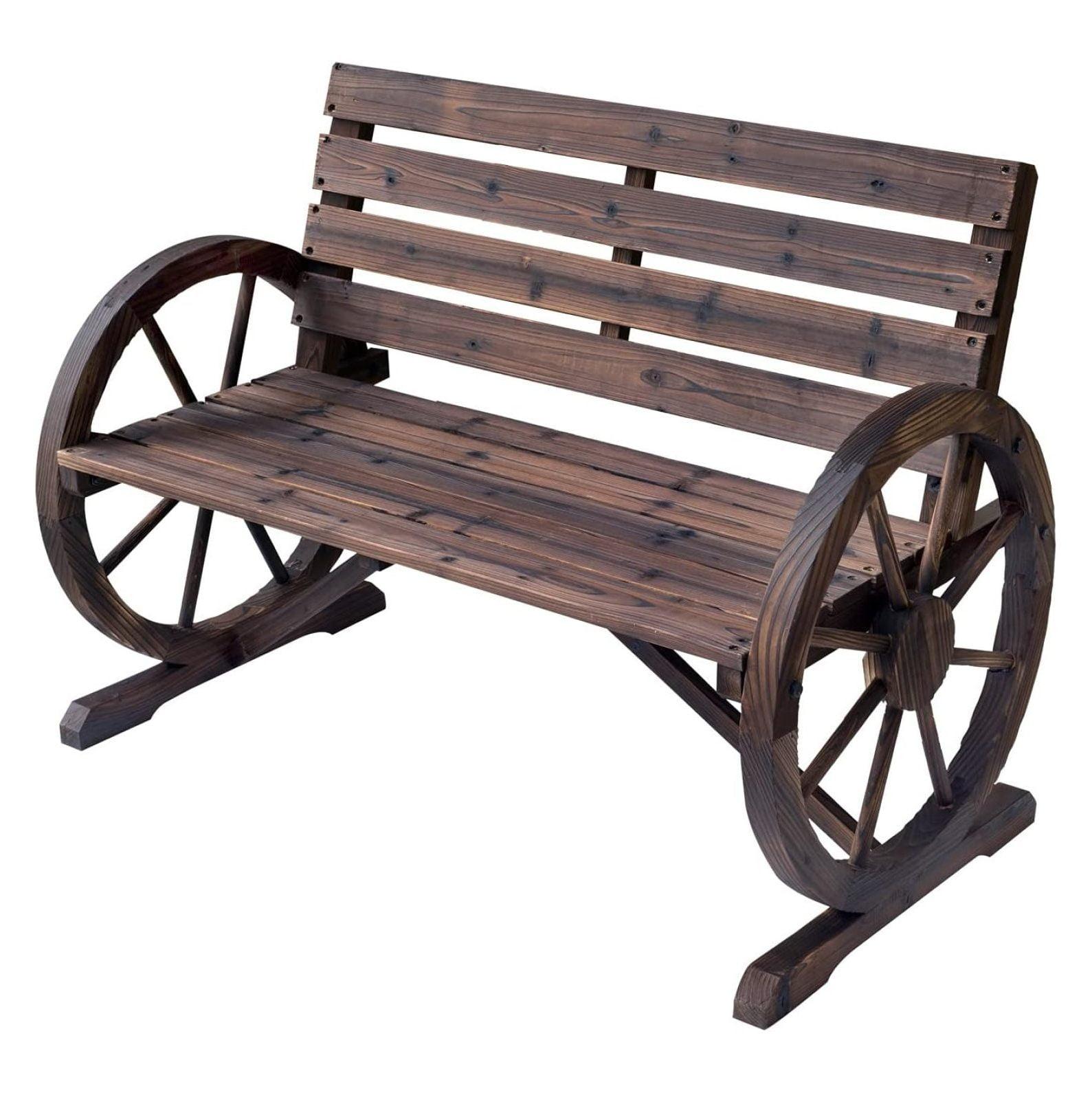 Outsunny Wooden Wagon Wheel Bench Rustic Outdoor Patio Furniture, 2-Person Seat Bench with Backrest Carbonized