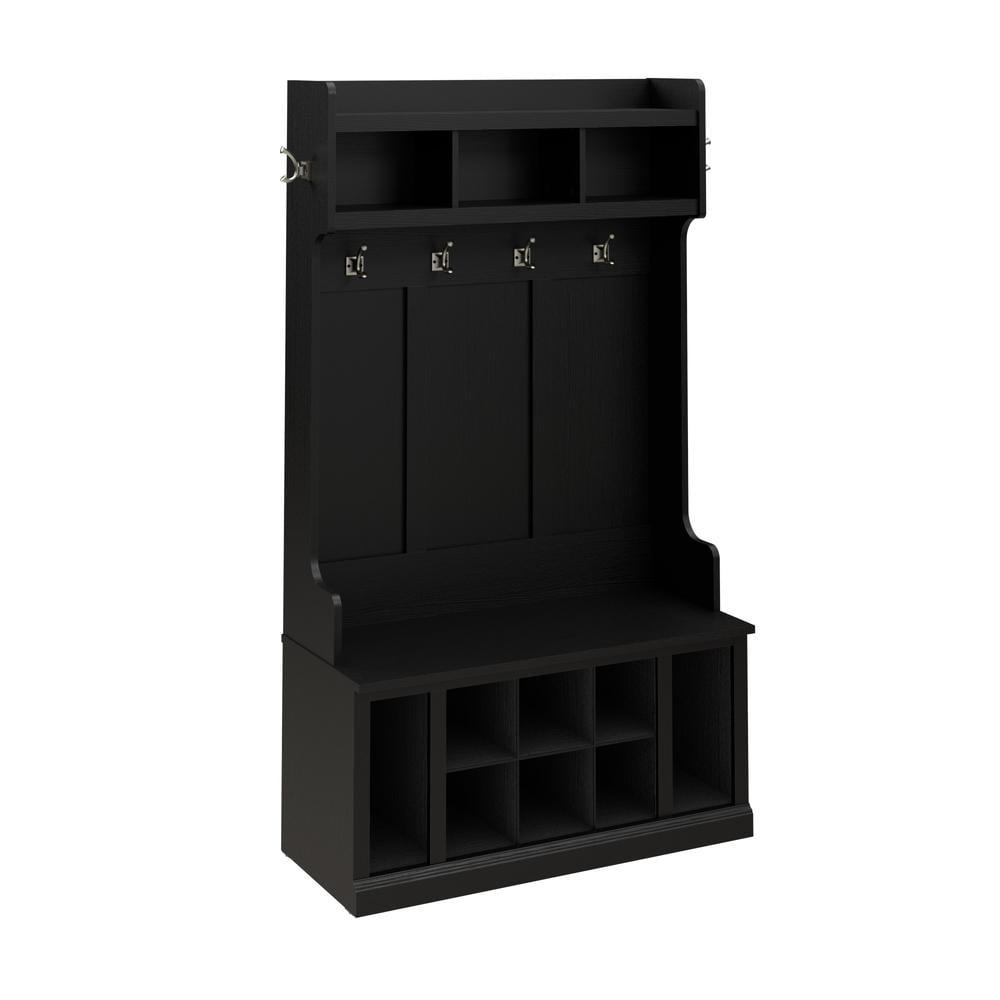 Bowery Hill 40" Engineered Wood Hall Tree and Shoe Bench w/ Shelves in Black Oak