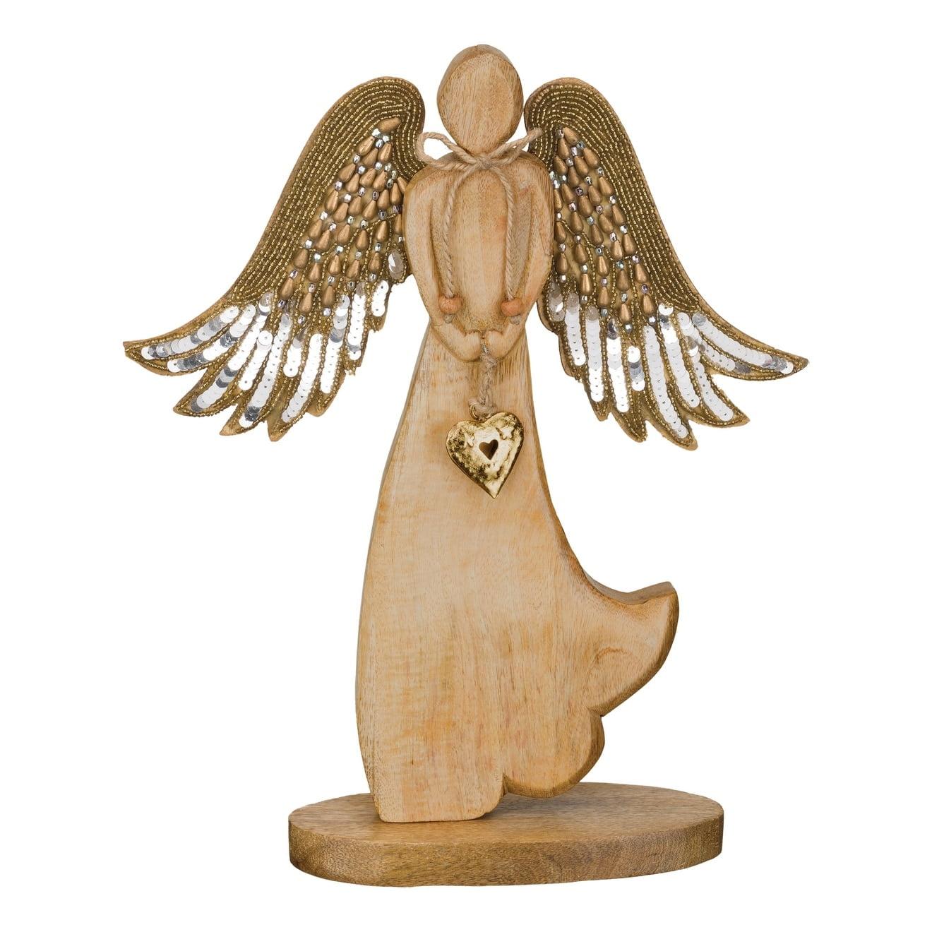 Natural Wood Angel Figurine with Beaded Wings