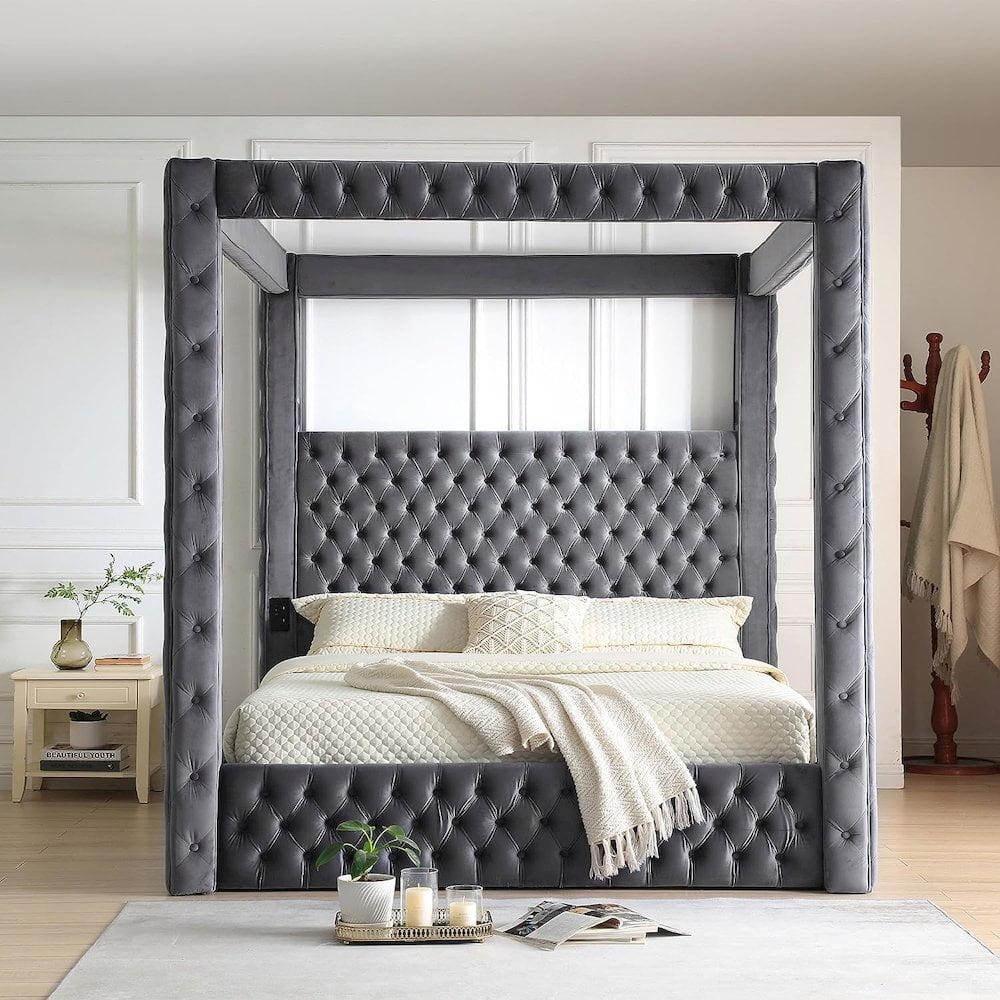 Woodpeckers Furniture and Mattress Luxurious Velvet Canopy Dream Bed with Speaker & USB Connection