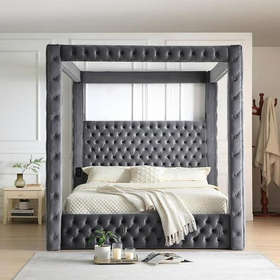 Woodpeckers Furniture and Mattress Luxurious Velvet Canopy Dream Bed with Speaker & USB Connection