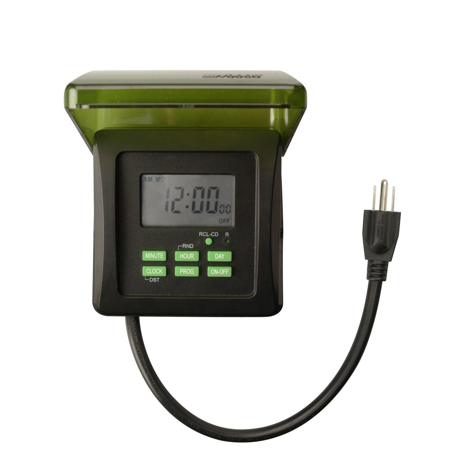 Woods 50015WD Outdoor 7-Day Heavy Duty Digital Plug-in Timer, 2 Grounded Outlets, Weatherproof, Perfect for Automating Holiday/Christmas Lights, Energy Saving Precision Programming, Black & Green