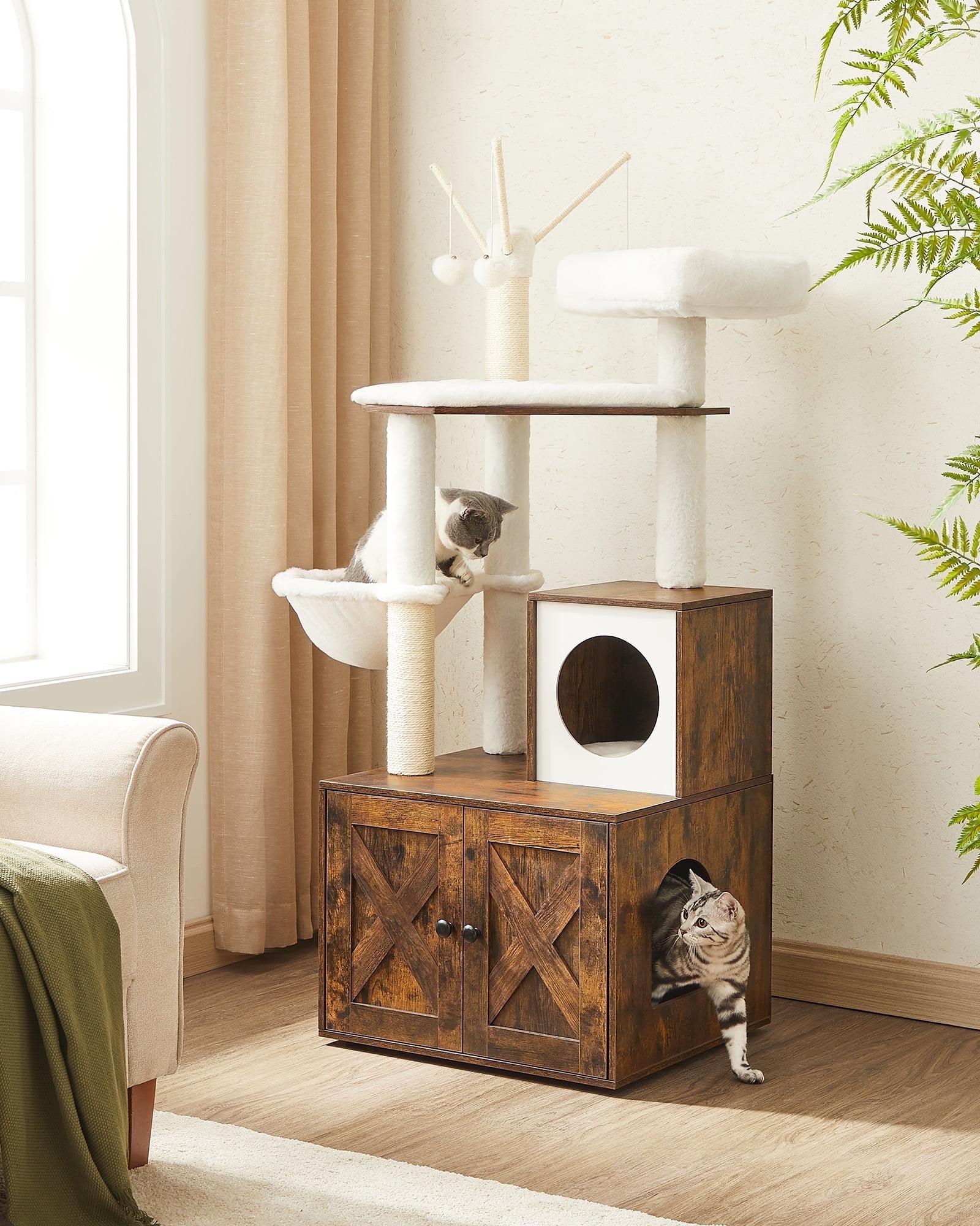 Feandrea WoodyWonders Cat Tree with Litter Box Enclosure, 2-in-1 Modern Tower, Furniture Hidden, Cat Condo with Scratching Posts, Rustic Brown