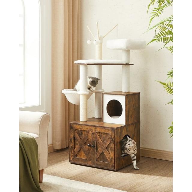 Feandrea WoodyWonders Cat Tree with Litter Box Enclosure, 2-in-1 Modern Tower, Furniture Hidden, Cat Condo with Scratching Posts, Rustic Brown