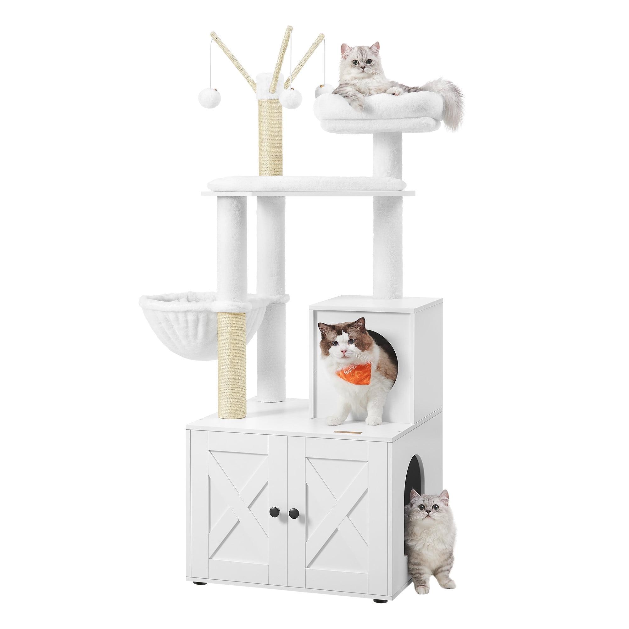 LEDREM Cat Tree with Litter Box Enclosure, 2-in-1 Modern Cat Tower, 54.3-Inch Cat Condo with Scratching Posts, Cloud White