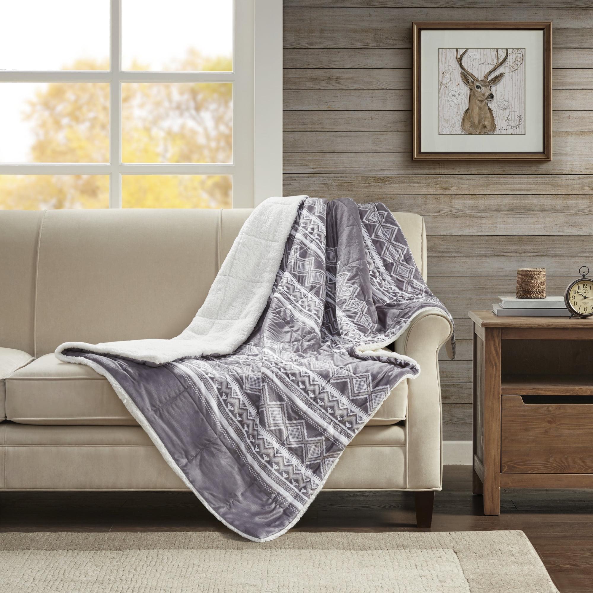 Luxurious Fleece and Faux Fur Reversible Throw Blanket, 50"x70", Gray