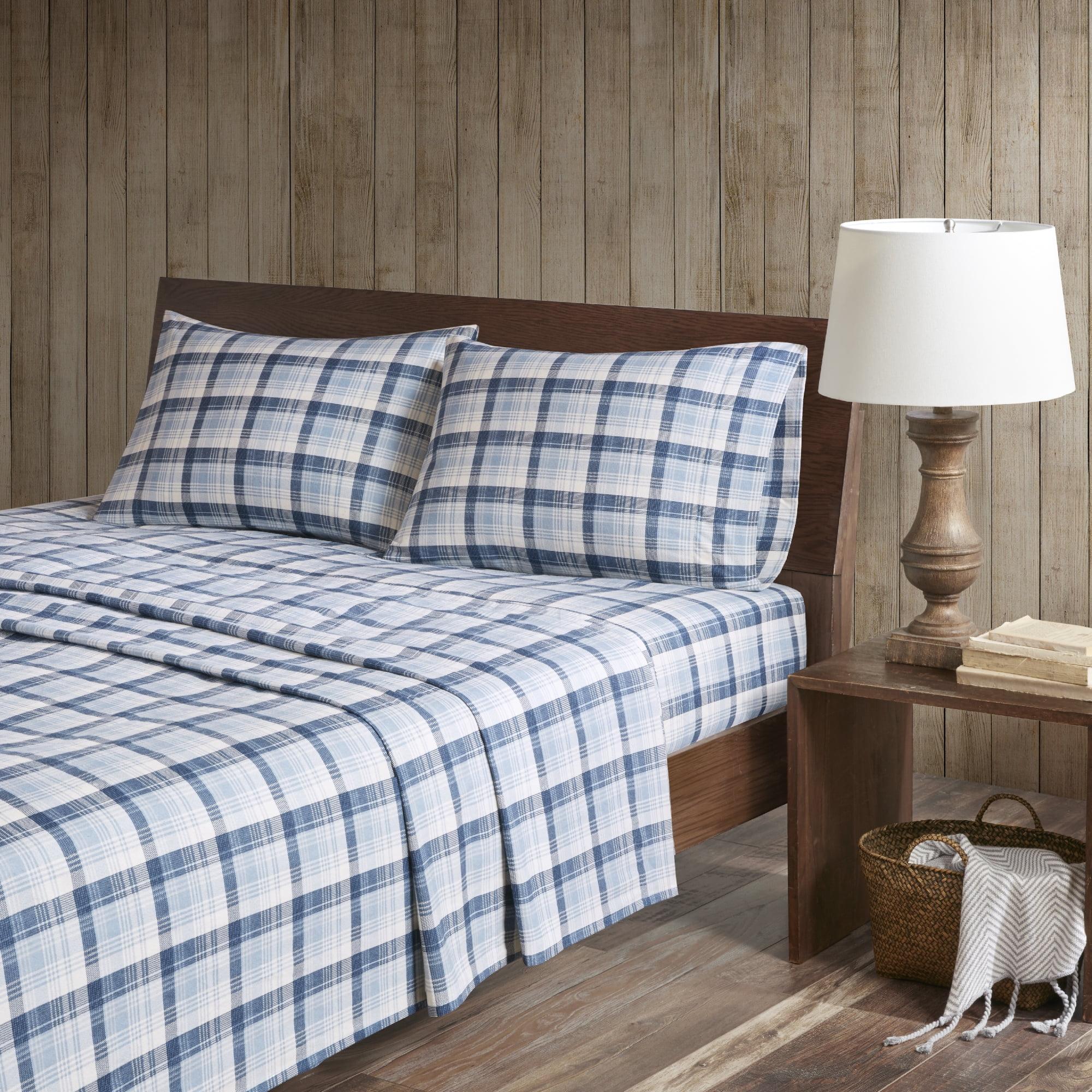 Queen Blue Plaid Cotton Flannel Sheet Set