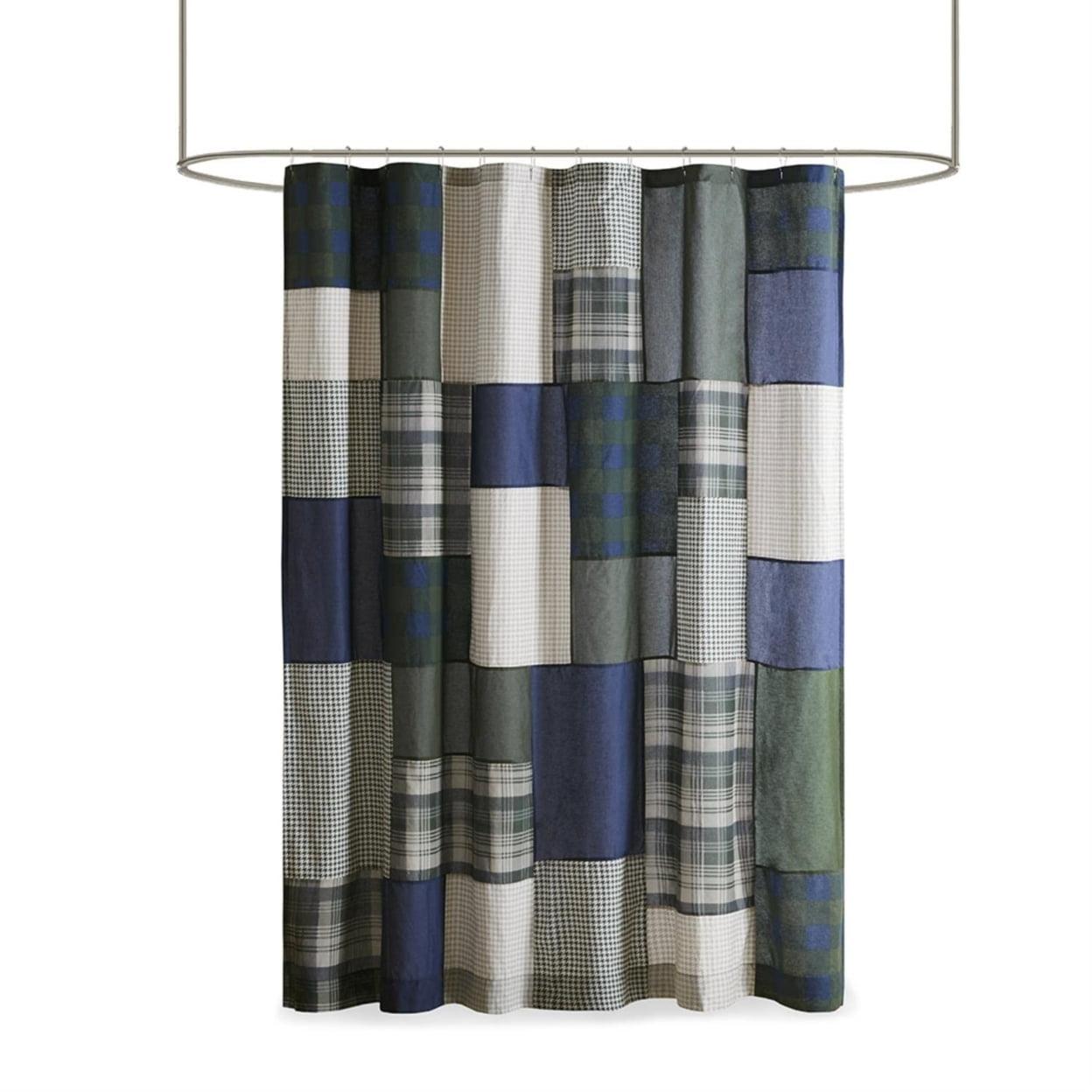 Mill Creek Green and Navy Cotton Patchwork Shower Curtain