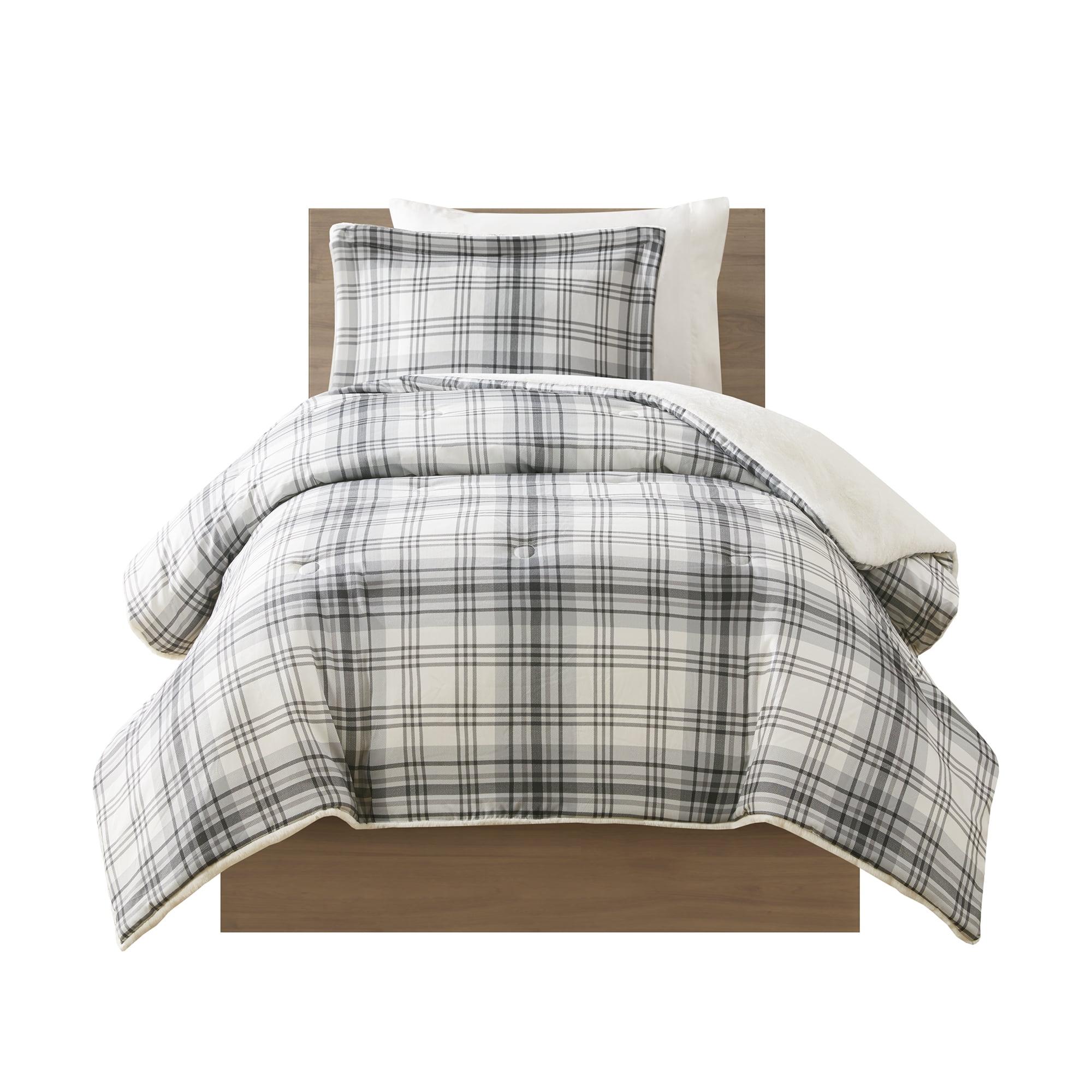 Twin Gray Plaid Faux Fur Down Alternative Comforter Set