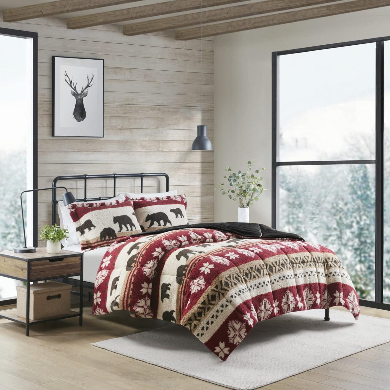 Woolrich Tunbridge Print Sherpa Comforter Set, Red/Black - King/Cal King