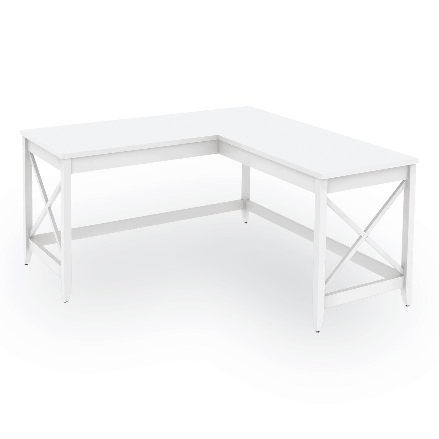 White L-Shaped Executive Corner Desk with Wood Top