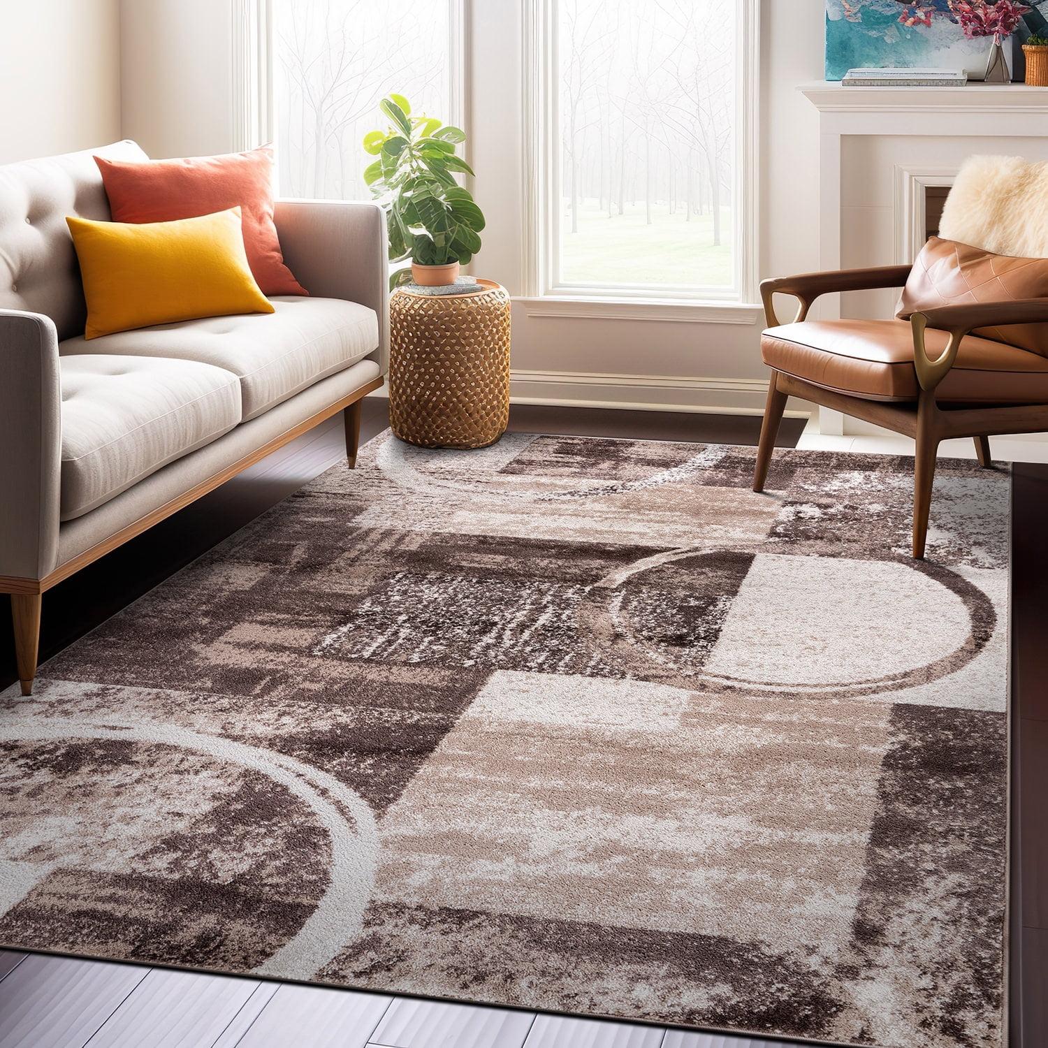 Brown Abstract Circle Design Easy Care Area Rug 3'3" x 5'