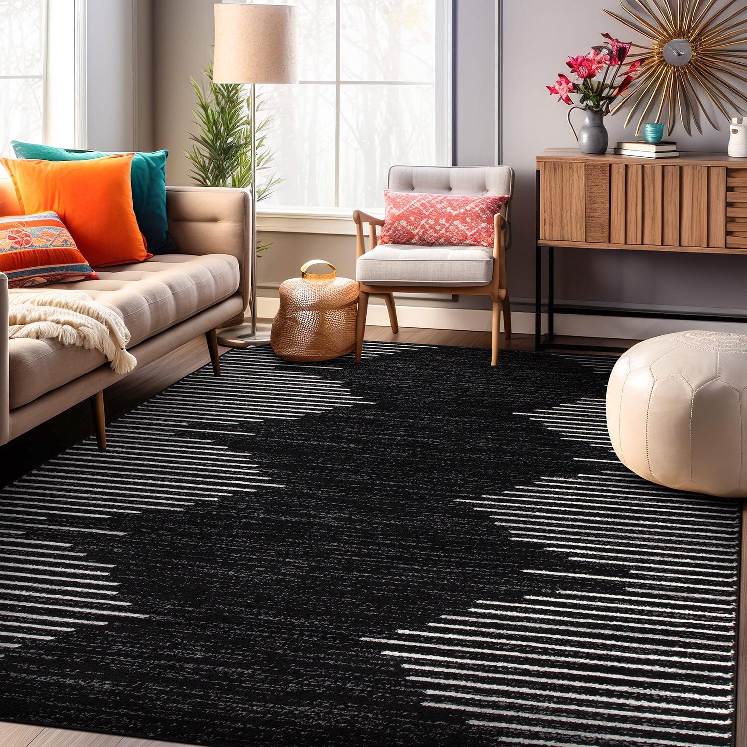 Black and White Geometric Stripe Synthetic Area Rug 6' x 9'