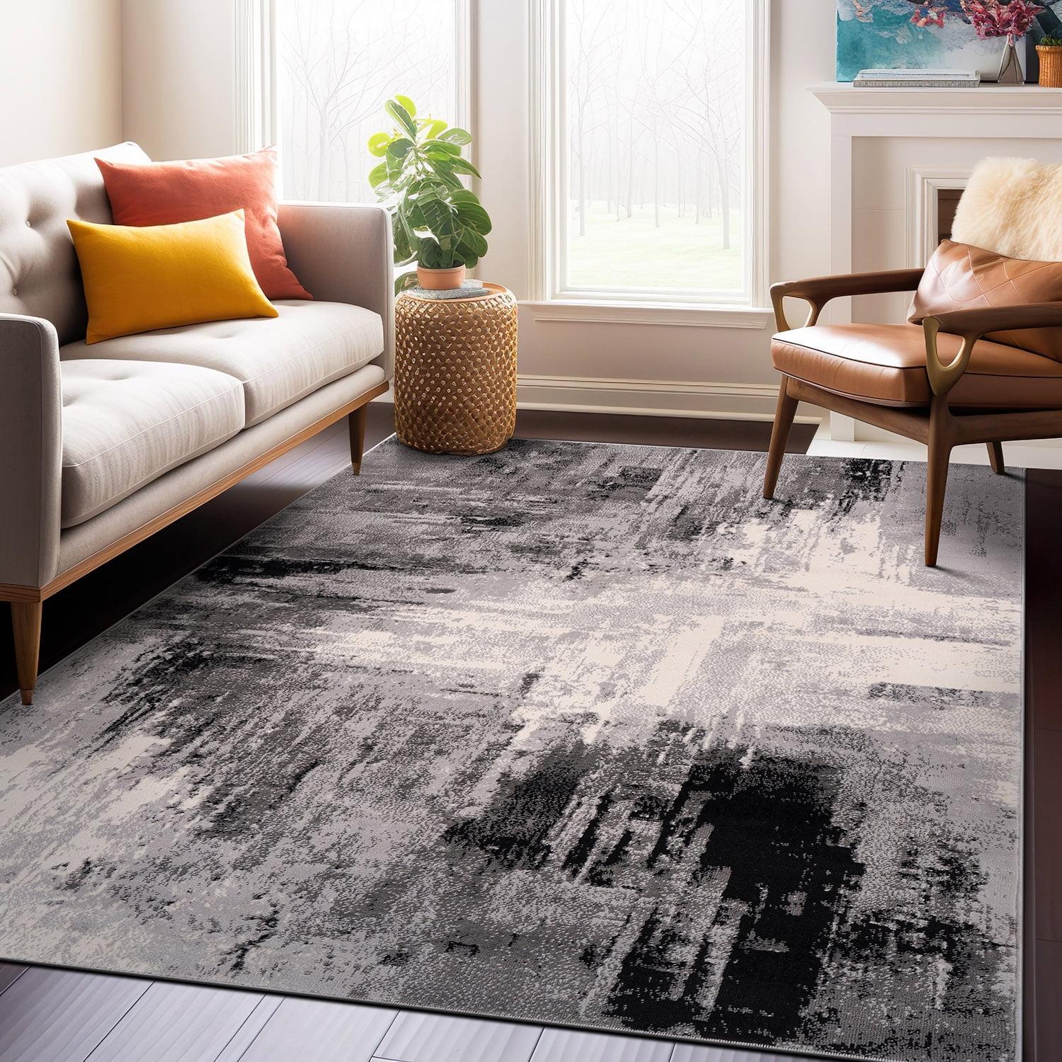 Black and Gray Abstract Synthetic 8' x 10' Area Rug