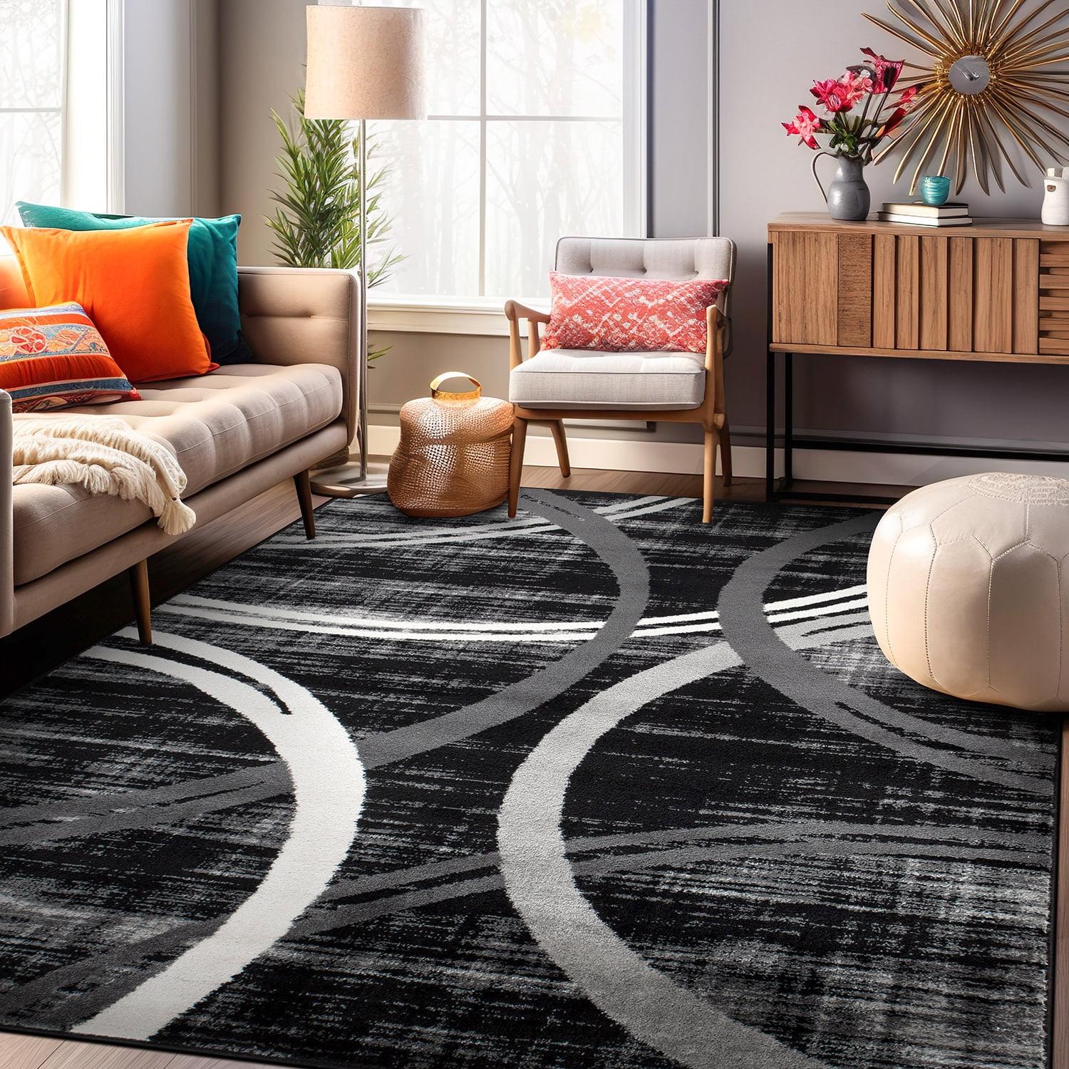 Contemporary Black Abstract 65'' Easy-Care Synthetic Area Rug